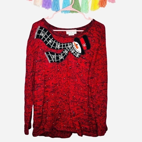 Vintage Mandal Bay Embellished Winter Snowman Pearl Marled Red Sweater Size XXL - Picture 1 of 11